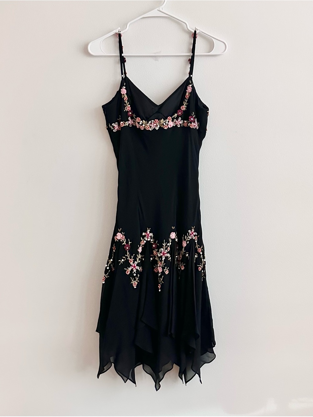 Vintage Y2K Sue Wong Silk Black Pink Floral Beaded Handkerchief Hem Midi Dress - Picture 2 of 5